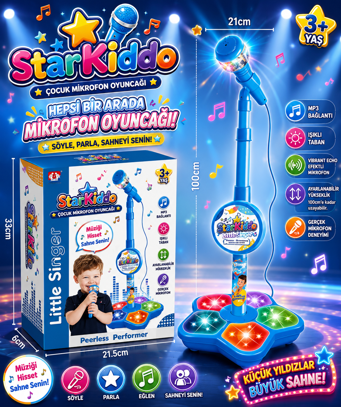 ⭐ ⭐ StarKiddo Çocuk Karaoke Mikrofonu – Işıklı ve Ayarlanabilir Standlı Mikrofon Oyuncağı