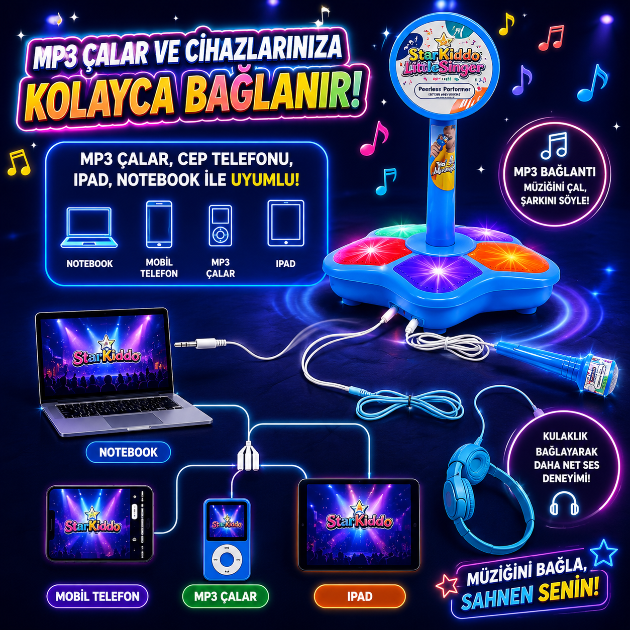 ⭐ ⭐ StarKiddo Çocuk Karaoke Mikrofonu – Işıklı ve Ayarlanabilir Standlı Mikrofon Oyuncağı
