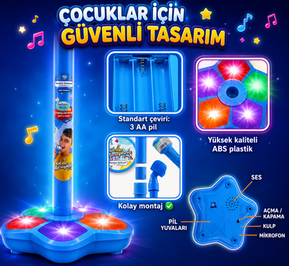 ⭐ ⭐ StarKiddo Çocuk Karaoke Mikrofonu – Işıklı ve Ayarlanabilir Standlı Mikrofon Oyuncağı