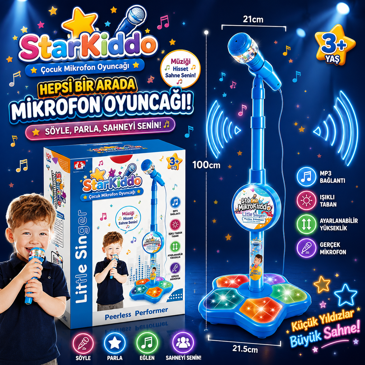 ⭐ ⭐ StarKiddo Çocuk Karaoke Mikrofonu – Işıklı ve Ayarlanabilir Standlı Mikrofon Oyuncağı