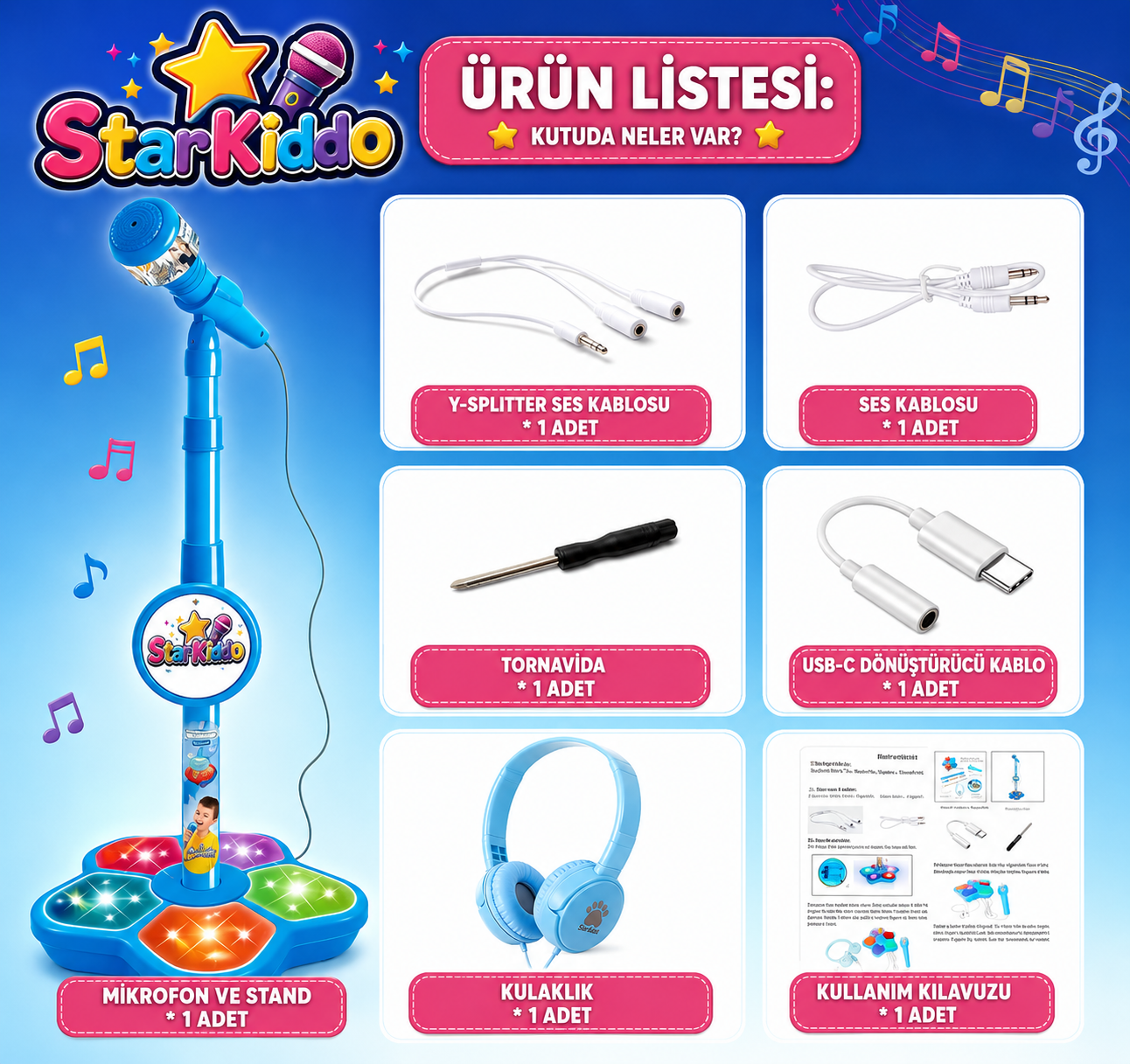 ⭐ ⭐ StarKiddo Çocuk Karaoke Mikrofonu – Işıklı ve Ayarlanabilir Standlı Mikrofon Oyuncağı