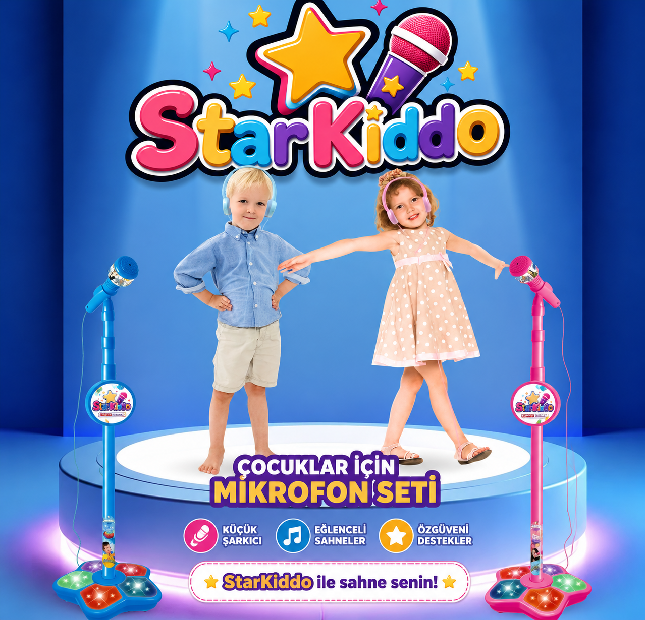 ⭐ ⭐ StarKiddo Çocuk Karaoke Mikrofonu – Işıklı ve Ayarlanabilir Standlı Mikrofon Oyuncağı