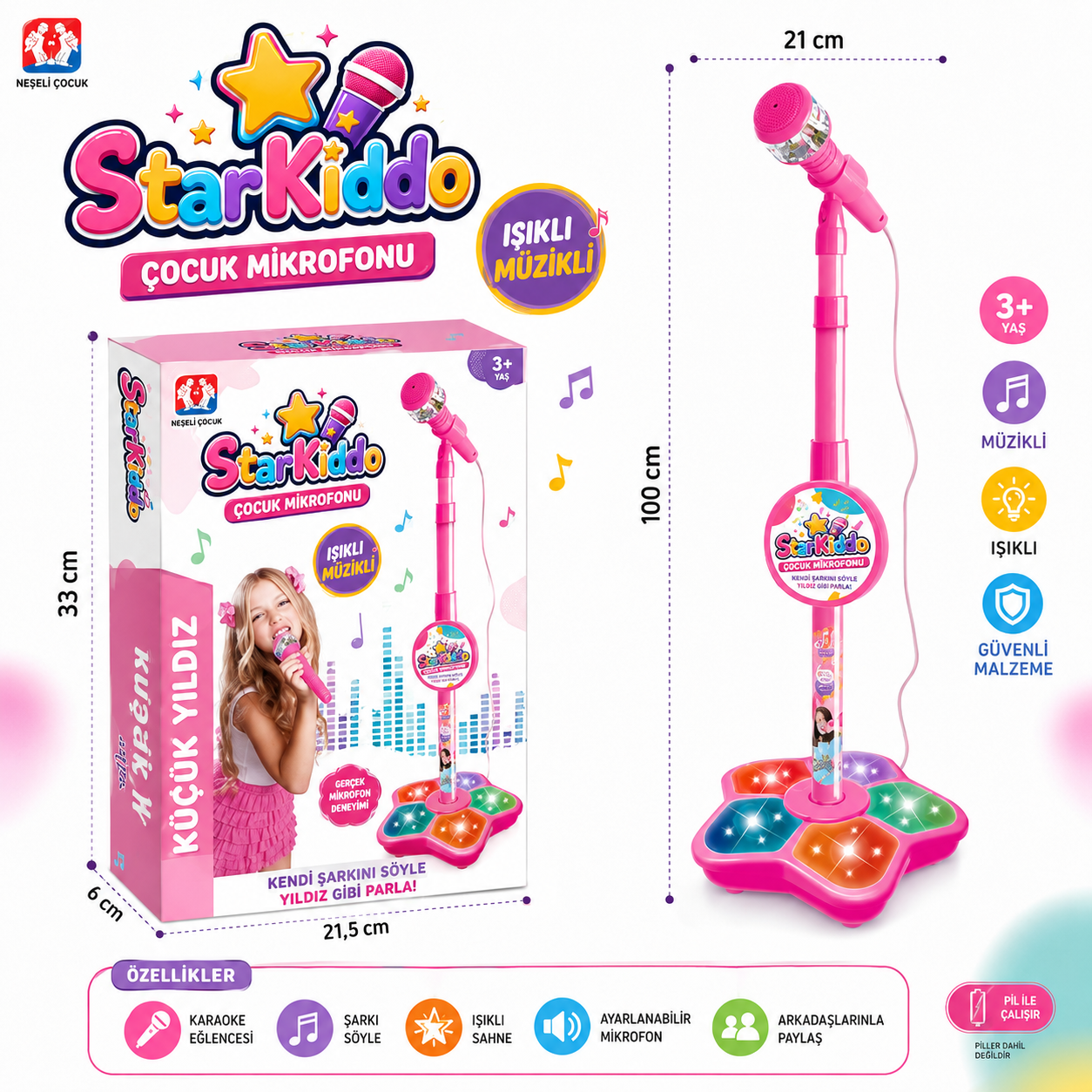 ⭐ ⭐ StarKiddo Çocuk Karaoke Mikrofonu – Işıklı ve Ayarlanabilir Standlı Mikrofon Oyuncağı